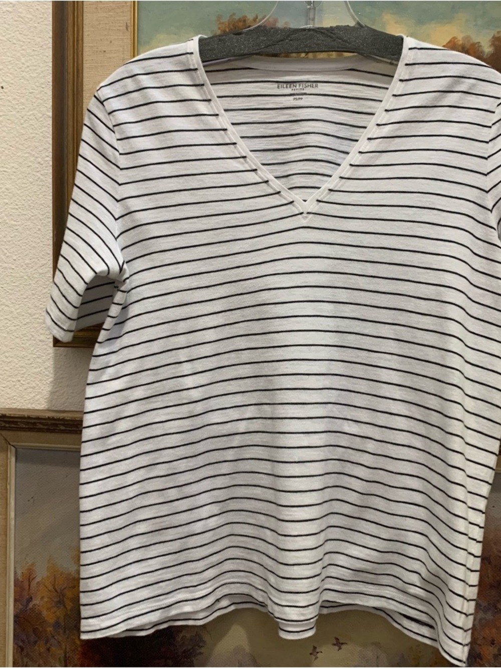 Eileen Fisher Petite White Tee with Black Stripes